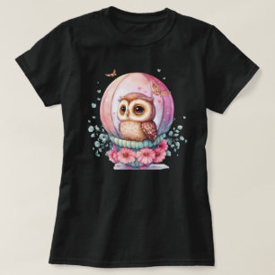 Uil in een glazen bol met roze bloemen en hart t-shirt