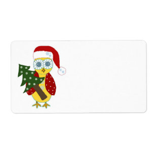 Uil in een kerstmuts met kerstboom etiket