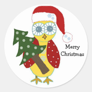 Uil in een kerstmuts met kerstboom ronde sticker