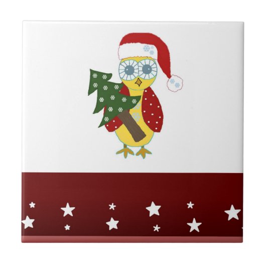 Uil in een kerstmuts met kerstboom tegeltje (Voorkant)