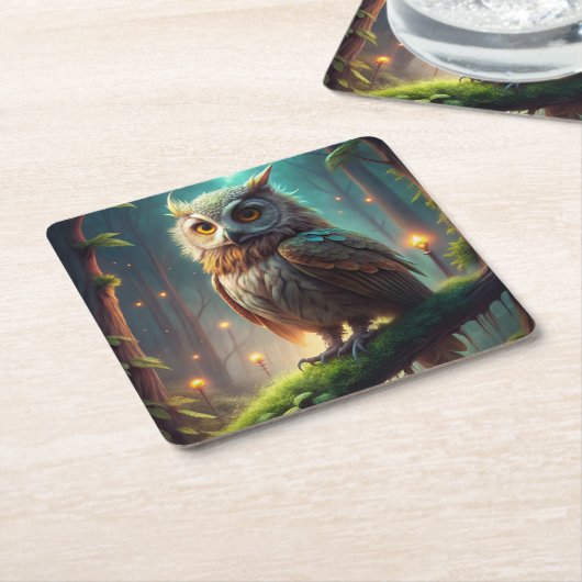Uil in het bos kartonnen onderzetters (Schuin)