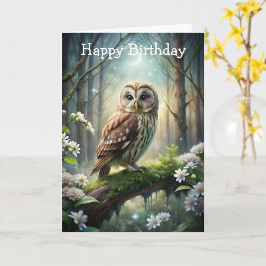 Uil in het bos Verjaardag Kaart (Gele Bloem)