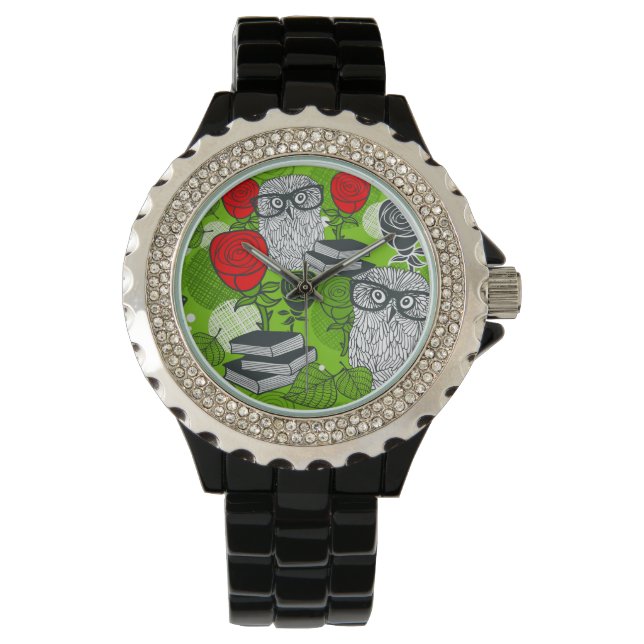 Uil in rode rozen horloge (Voorkant)