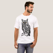 Uil in zwarte pen inkt t-shirt (Voorkant volledig)