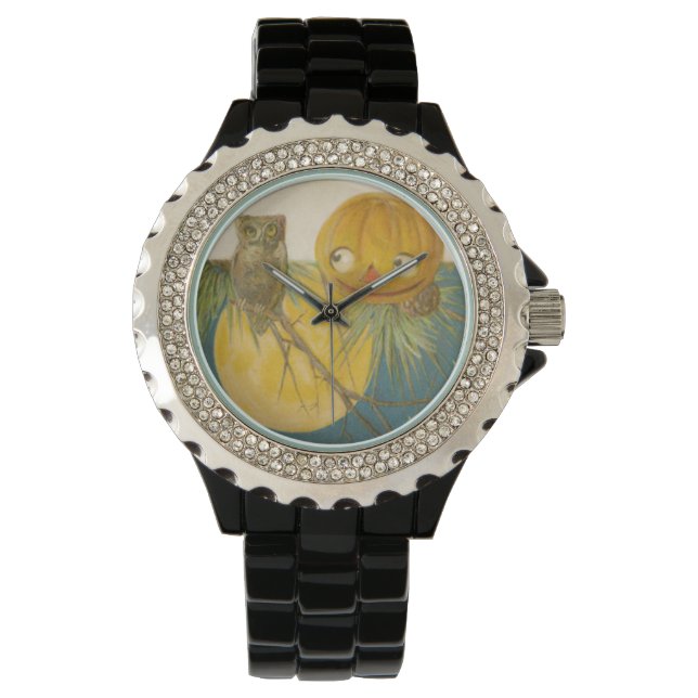 Uil Jack O Lantern Pompoen Volle Maan Horloge (Voorkant)