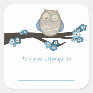Uil & Kersenbloesem {Blauw}   Boekplaten Vierkante Sticker