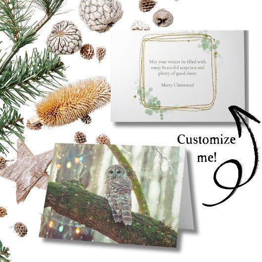 Uil Kerst Kaart met Vakantie Lichten en Sneeuw