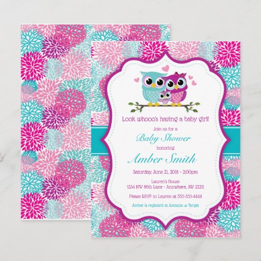 Uil Meisje Baby shower Uitnodiging (Voorkant / Achterkant)