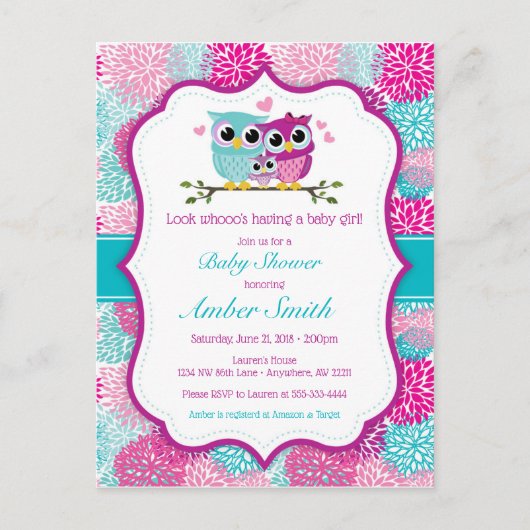 Uil Meisje Baby shower Uitnodiging (Voorkant)