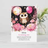 Uil meisje eerste verjaardag uitnodiging (Staand voorkant)
