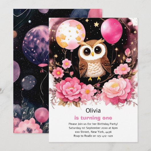 Uil meisje eerste verjaardag uitnodiging (Voorkant / Achterkant)