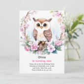 Uil meisje eerste verjaardag uitnodiging (Staand voorkant)