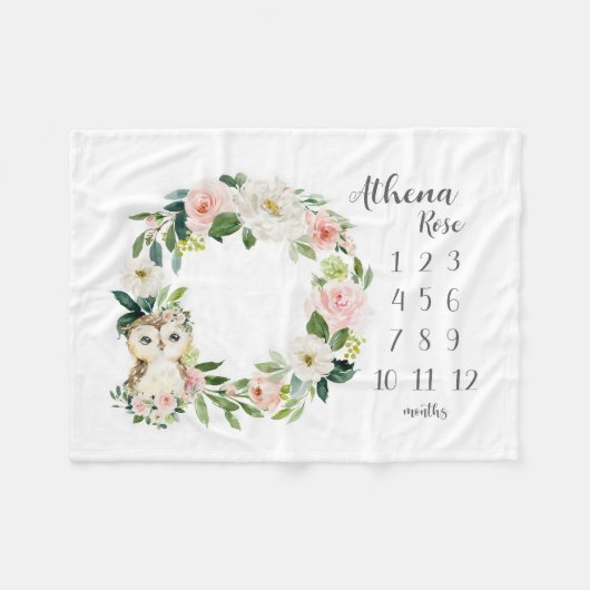 Uil Meisje Milestone Deken, Uil Maandelijks Baby B Fleece Deken (Voorkant (Horizontaal))