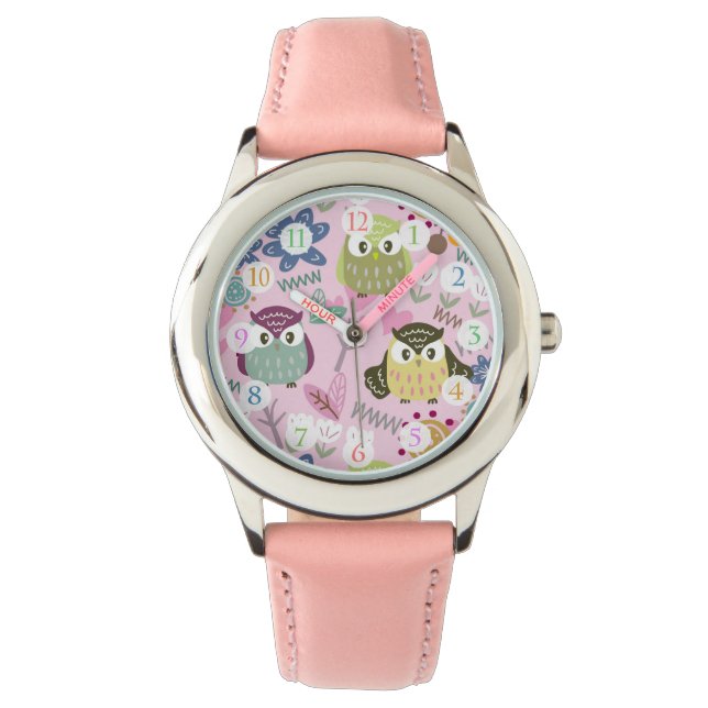 Uil Meisje Roze Horloge (Voorkant)