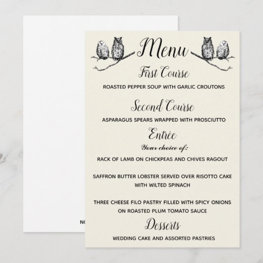 Uil Menu met Landelijke Uitstraling Kaart (Voorkant / Achterkant)