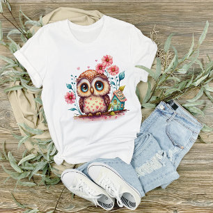 Uil Met Bloemen en Klein Huis T-shirt