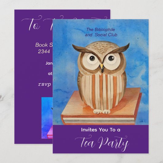 Uil met boeken - Tea Party uitnodiging (Voorkant / Achterkant)