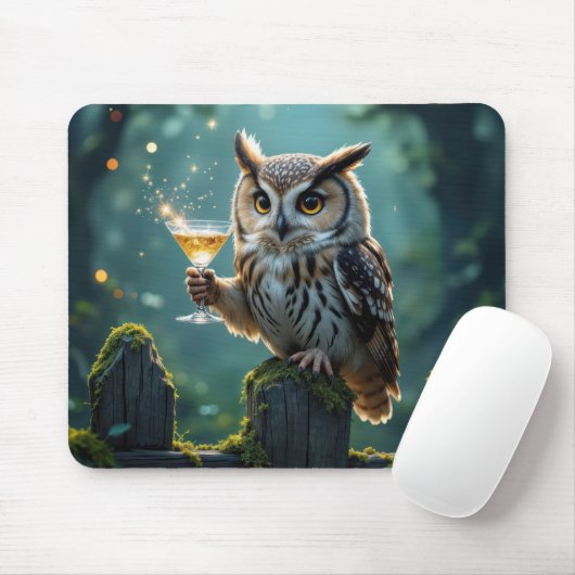 Uil met een cocktail in een mystiek bos muismat (Met muis)