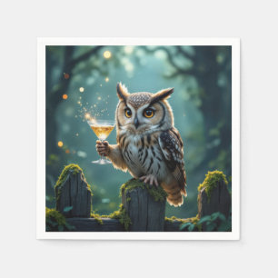 Uil met een cocktail in een mystiek bos servet