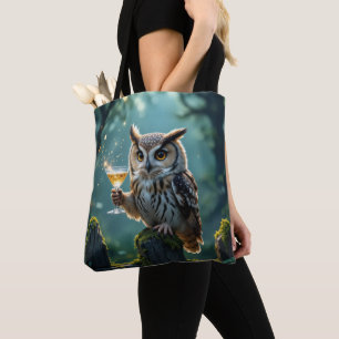 Uil met een cocktail in een mystiek bos tote bag