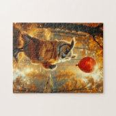 Uil met een rode ballon in de herfst legpuzzel (Horizontaal)
