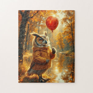 Uil met een rode ballon in de herfst legpuzzel