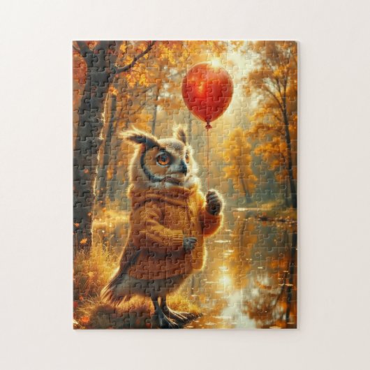 Uil met een rode ballon in de herfst legpuzzel (Verticaal)