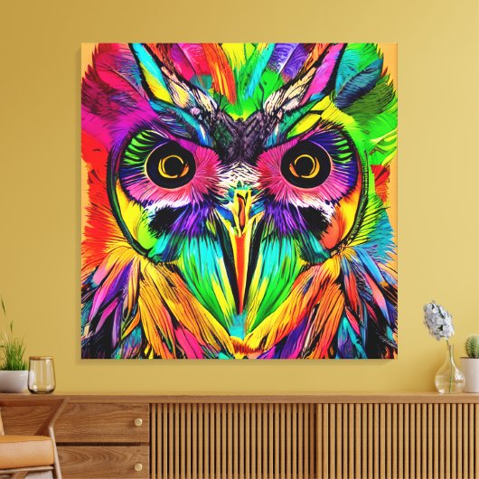 Uil met Kleurrijke Veren Quirky AI Art Canvas Afdruk (Insitu (Woonkamer))