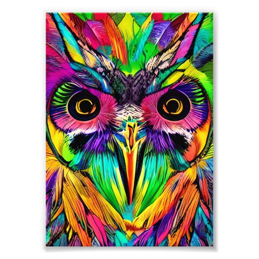 Uil met Kleurrijke Veren Quirky AI Art Foto Afdruk (Voorkant)