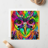 Uil met Kleurrijke Veren Quirky AI Art Notitiekaartje (Voorkant / Achterkant in situ)