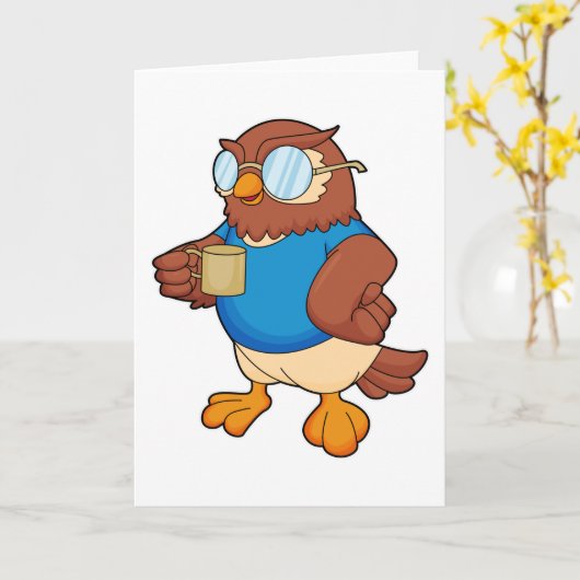 Uil met koffiemok kaart (Gele Bloem)