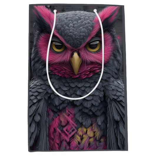 Uil met levendige magenta veren medium cadeauzakje (Voorkant)