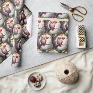 Uil met rode hartballon cadeaupapier