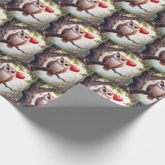 Uil met rode hartballon cadeaupapier (Hoek)