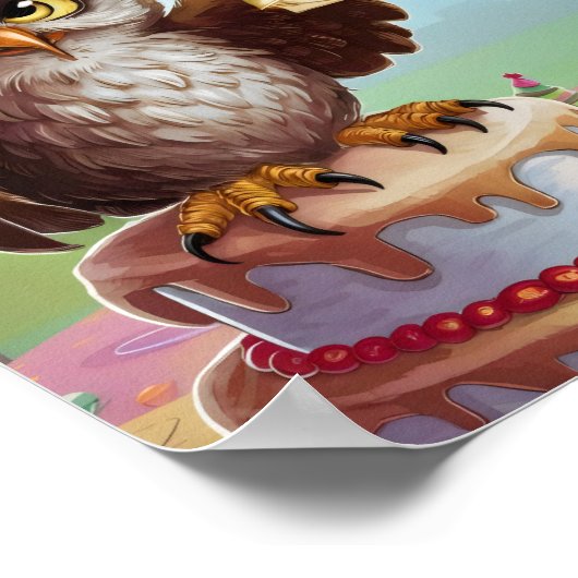 Uil met verjaardagscadeau pet op taart poster (Hoek)