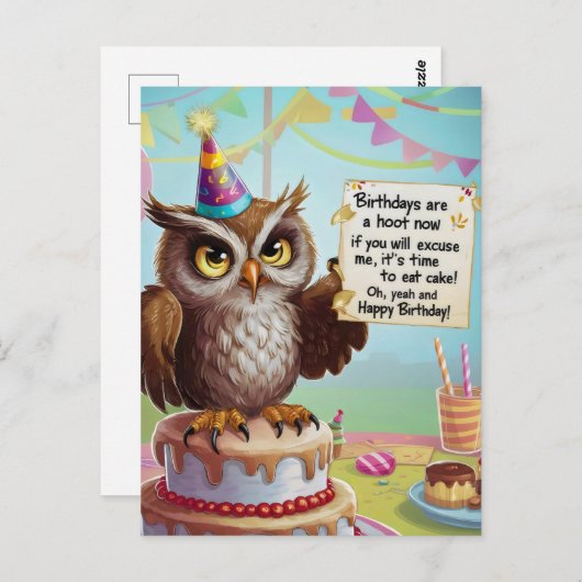 Uil met verjaardagshoed staand op taart briefkaart (Voorkant / Achterkant)