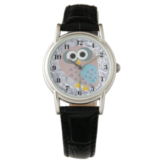 Uil met waterverf grijs horloge (Voorkant)