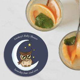 Uil Moon Blue Schattigee Sterren Baby shower Ronde Kartonnen Onderzetter