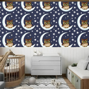 Uil Moon Blue Schattigee Sterren Behang