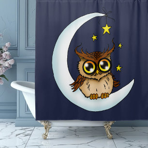 Uil Moon Blue Schattigee Sterren Douchegordijn
