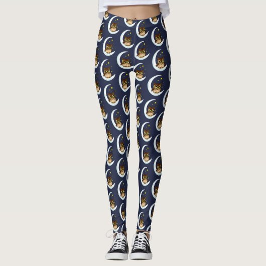 Uil Moon Blue Schattigee Sterren Leggings (Voorkant)