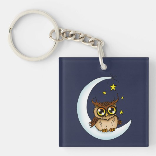Uil Moon Blue Schattigee Sterren Sleutelhanger (Voorkant)