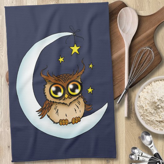 Uil Moon Blue Schattigee Sterren Theedoek