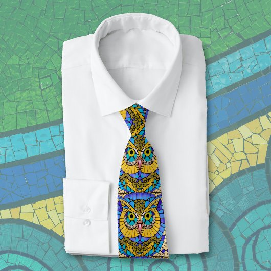 Uil mozaïek in blues en geel leuke vogel thema stropdas