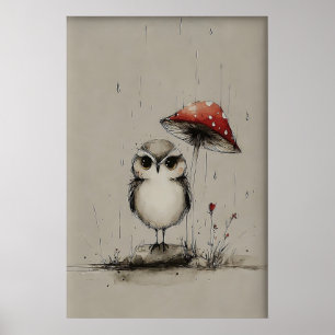 Uil onder paddestoel afdrukbare kunst, lente schet poster