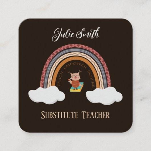 Uil onder Rainbow Substitute Teacher Contact Kaart Vierkante Visitekaartje (Voorkant)