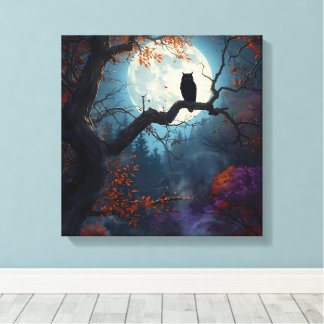 Uil onder volle maan in herfstboom Nacht Canvas Afdruk