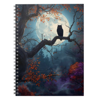 Uil onder volle maan in herfstboom nachts notitieboek