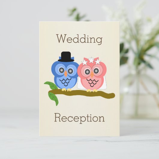 Uil ontwerp champagnekleurige huwelijksreceptie kaart (Staand voorkant)