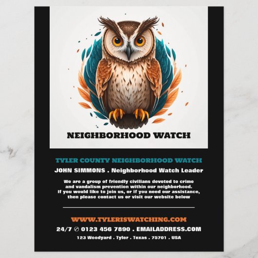 Uil ontwerp, wijk gemeenschap horloge advertentie flyer (Voorkant)